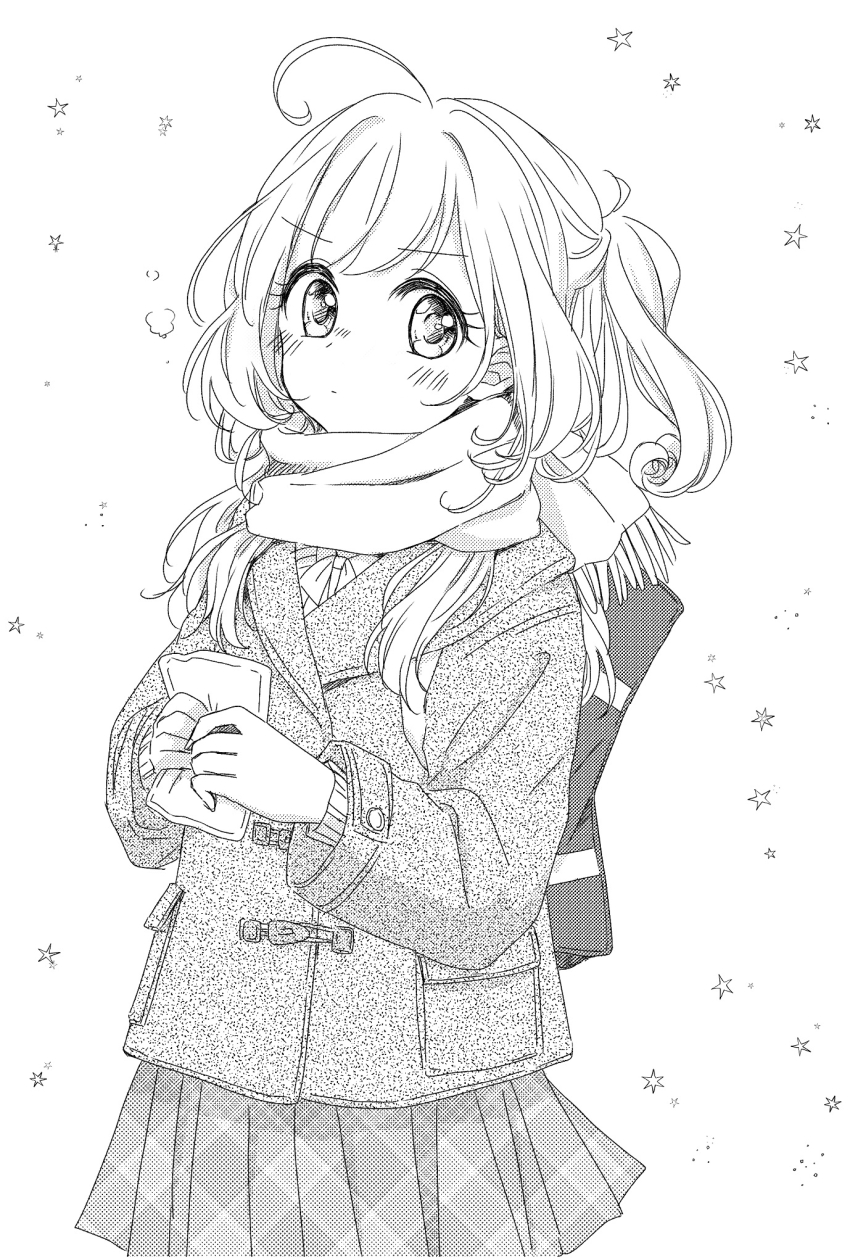 1girl, ahoge, blush, chiaki1126iove, coat, duffel_coat, greyscale, half_updo