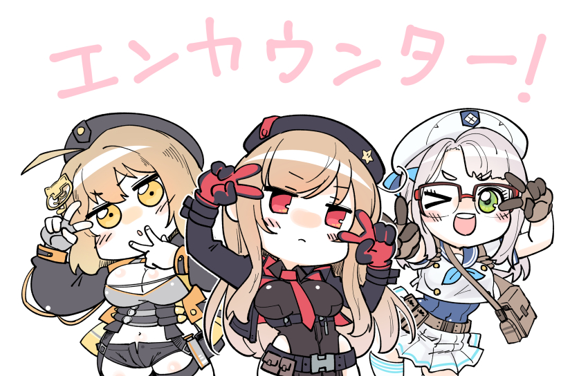 3girls, :d, :o, ahoge, anis_(nikke), beret, black_gloves, black_headwear, black_jacket, black_leotard, black_shorts, blush_stickers, breasts, brown_hair, chibi, closed_mouth, collared_leotard, crop_top, cropped_jacket, double_v, fingerless_gloves, frown, glasses, gloves, goddess_of_victory:_nikke, green_eyes, grey_gloves, grey_hair, grey_shirt, hair_ornament, hat, highres, jacket, large_breasts, leotard, light_brown_hair, long_hair, multiple_girls, necktie, neon_(nikke), nukari_k, one-piece_swimsuit, one_eye_closed, open_mouth, pleated_skirt, rapi_(nikke), red_eyes, red_gloves, red_necktie, shirt, short_hair, short_shorts, shorts, single_glove, skirt, smile, swimsuit, thighhighs, two-tone_gloves, v, white_headwear, yellow_eyes