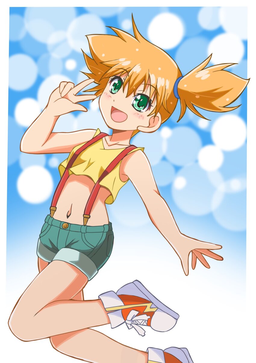 1girl, armpits, asymmetrical_hair, belt_loop, blue_shorts, blush, denim, denim_shorts