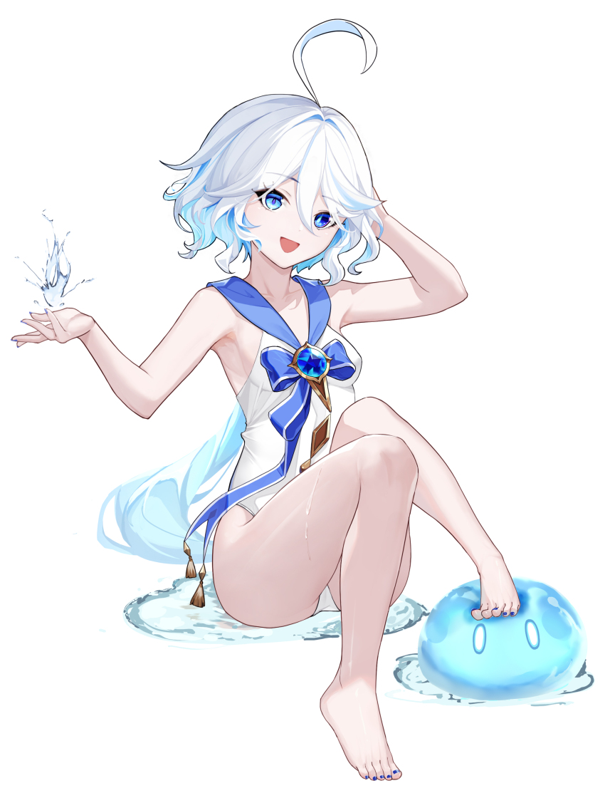 1girl, :d, absurdres, ahoge, bare_arms, bare_legs, bare_shoulders, barefoot