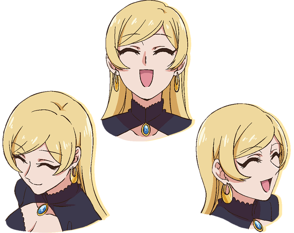 1girl, :d, ^_^, alpha_transparency, black_dress, blonde_hair, breasts, brooch