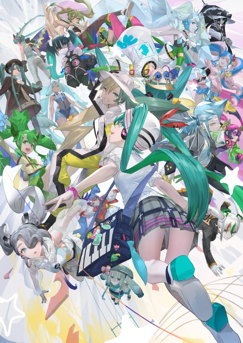 6+girls, aqua_eyes, blazpu, blue_eyes, bug_miku_(project_voltage), dark_miku_(project_voltage), dragon_miku_(project_voltage), electric_miku_(project_voltage)