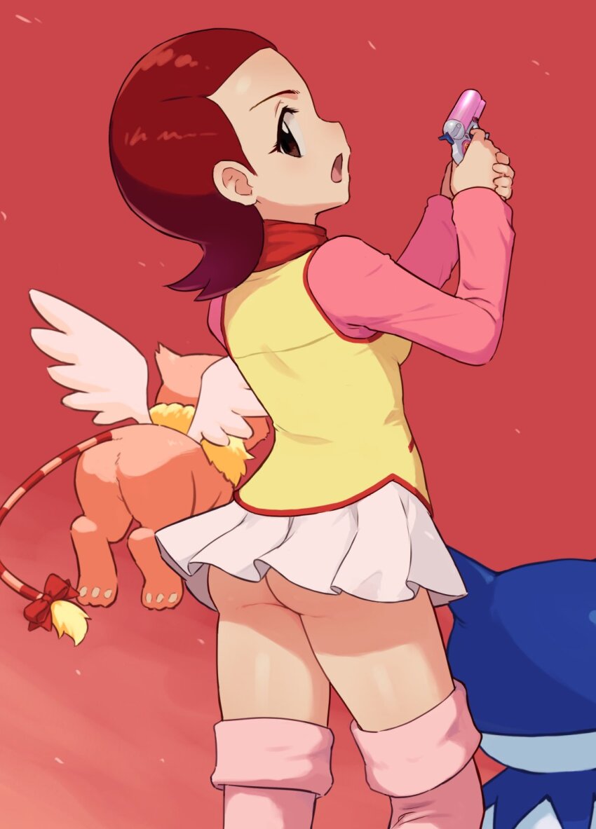 1girl, ass, bow, brown_eyes, brown_hair, chiwino, gun, highres, holding, holding_gun, holding_weapon, jack_frost_(megami_tensei), kaname_mirai, looking_at_viewer, miniskirt, no_panties, open_mouth, shadow, shin_megami_tensei, shin_megami_tensei_devil_children, short_hair, skirt, standing, tail, tail_bow, tail_ornament, veil_(devil_children), weapon, wings