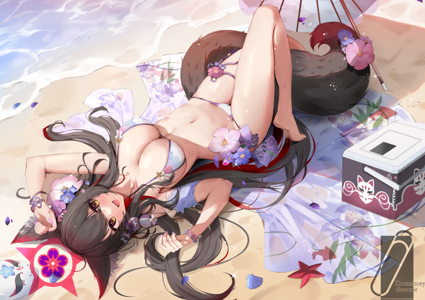 1girl, absurdres, animal_ear_fluff, animal_ears, bare_legs, bare_shoulders, beach, bikini