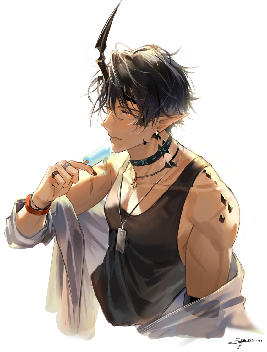 1boy, absurdres, arknights, arm_up, black_hair, black_tank_top, bracelet, chinese_commentary