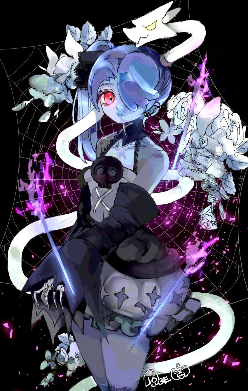 1girl, alternate_costume, black_background, blue_hair, blue_skin, colored_skin, detached_collar, detached_sleeves