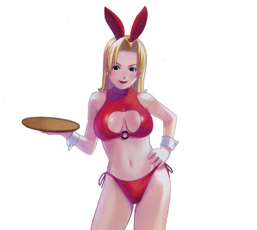 animal_ears, bikini, blonde_hair, blush, breasts, bunny_girl, center_opening, cleavage