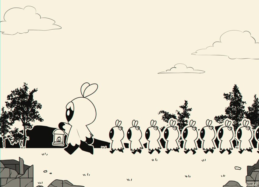 1girl, 6+others, akkanen, brick_wall, cloak, cloud, cloudy_sky, feathers