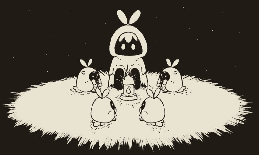 1girl, 4others, absurdres, black_background, cloak, feathers, highres, hololive