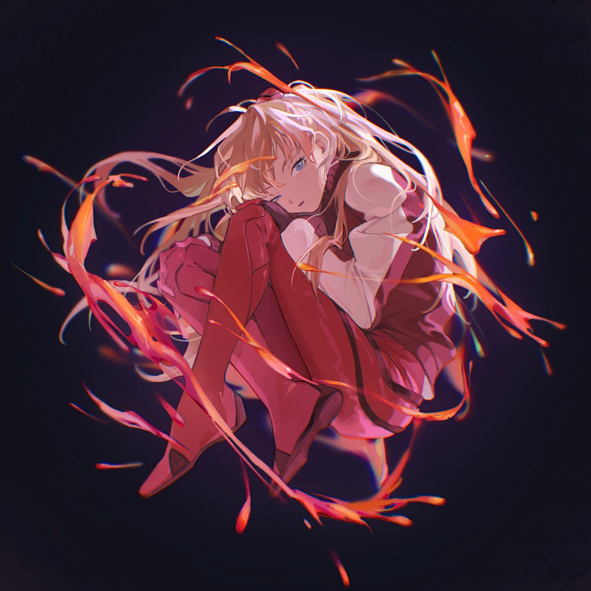 1girl, absurdres, black_background, blue_eyes, bodysuit, bodysuit_under_clothes, crossed_legs, fetal_position