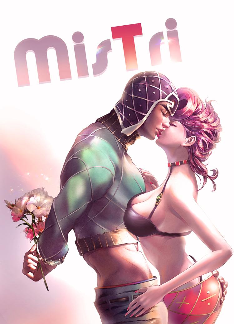1boy, 1girl, breasts, cleavage, guido_mista, hetero, jojo_no_kimyou_na_bouken, kiss