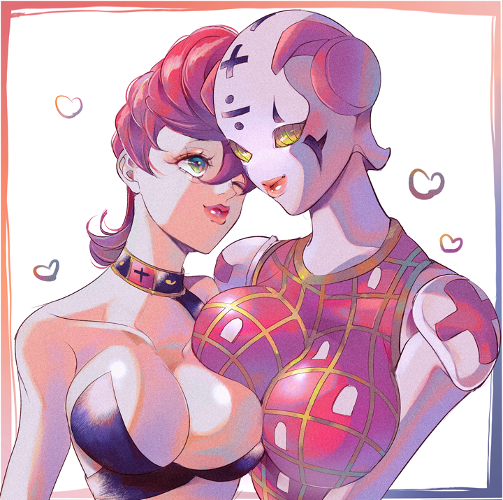 2girls, breast_press, breasts, cleavage, jojo_no_kimyou_na_bouken, large_breasts, multiple_girls, musasabi_(artist), spice_girl_(stand), stand_(jojo), tagme, trish_una, vento_aureo