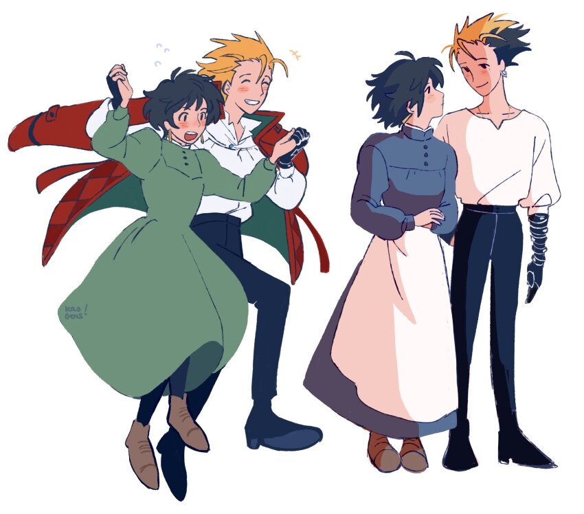 black_hair, blonde_hair, blush, brown_footwear, cosplay, couple, dress, green_dress