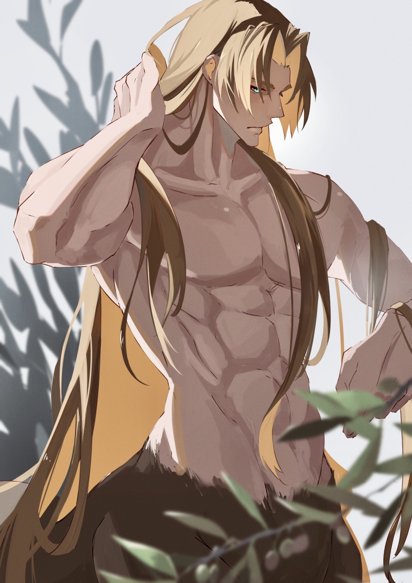 1boy, abs, absurdres, adjusting_hair, blurry, blurry_foreground, branch, brown_hair