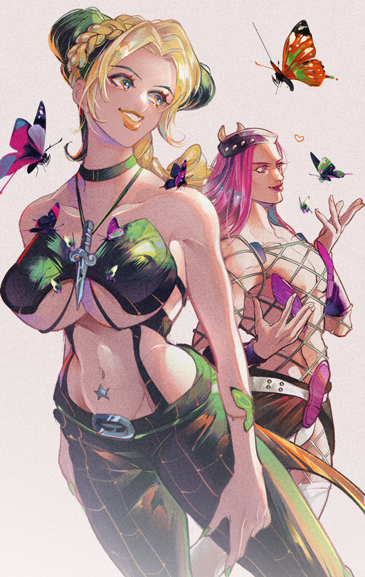 1boy, 1girl, breasts, jojo_no_kimyou_na_bouken, kuujou_jolyne, lipstick, makeup, musasabi_(artist)