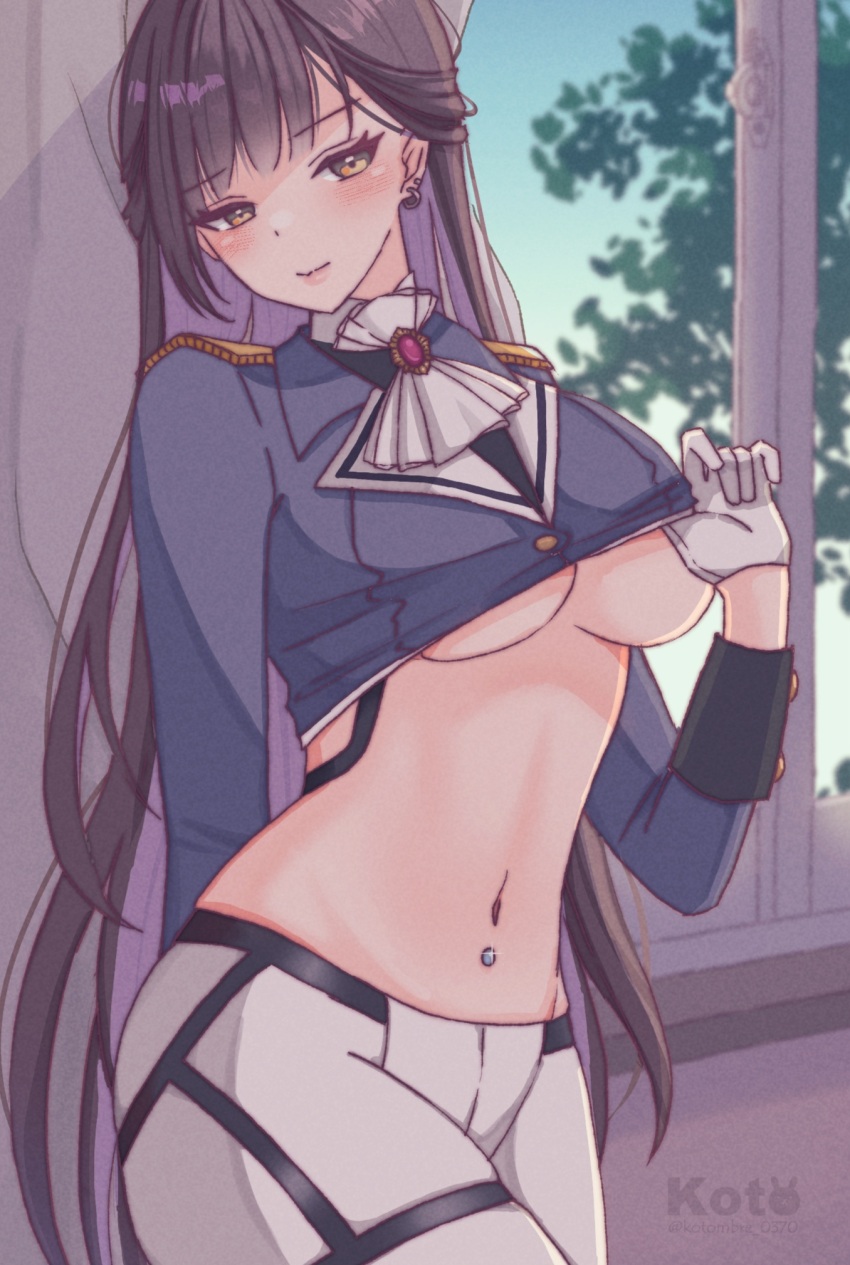 1girl, ascot, blue_jacket, blush, breasts, brown_eyes, brown_hair, closed_mouth, clothes_lift, cropped_jacket, ear_piercing, epaulettes, gloves, goddess_of_victory:_nikke, highres, i_(kotombre_0370), jacket, large_breasts, lifting_own_clothes, long_hair, marciana_(nikke), military_jacket, navel, navel_piercing, pants, piercing, riding_crop, signature, smile, solo, teasing, tight_clothes, tight_pants, underboob, white_ascot, white_gloves, white_pants