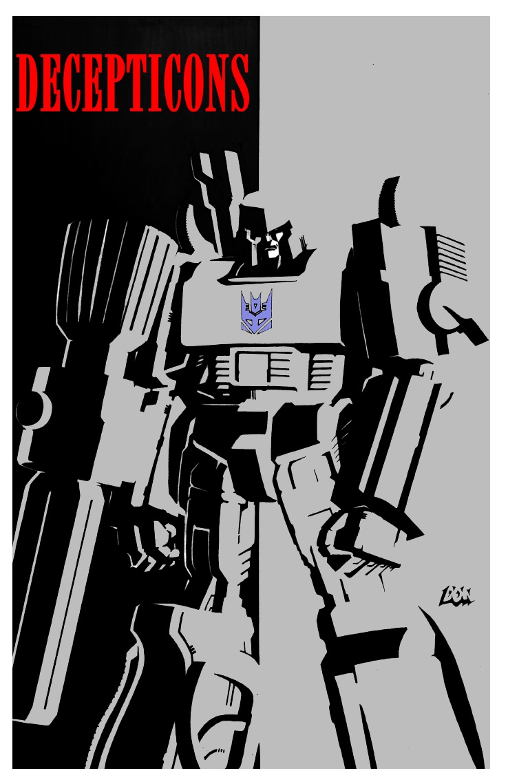 2008, arm_cannon, bad_deviantart_id, bad_id, clenched_hands, decepticon, don_allan_figueroa, english_text, insignia, looking_at_viewer, mecha, megatron, movie_poster_(medium), no_humans, parody, partially_colored, retro_artstyle, robot, scarface, signature, standing, transformers, transformers:_generation_1, weapon