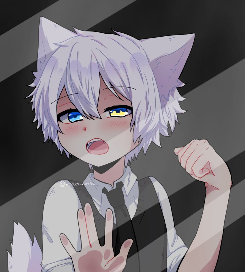 1boy, animal_ears, black_necktie, blue_eyes, blush, commentary, english_commentary, fangs