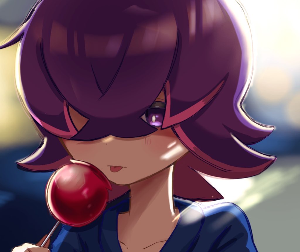 1girl, arm_at_side, blue_yukata, blurry, blurry_background, candy, candy_apple, clenched_hand