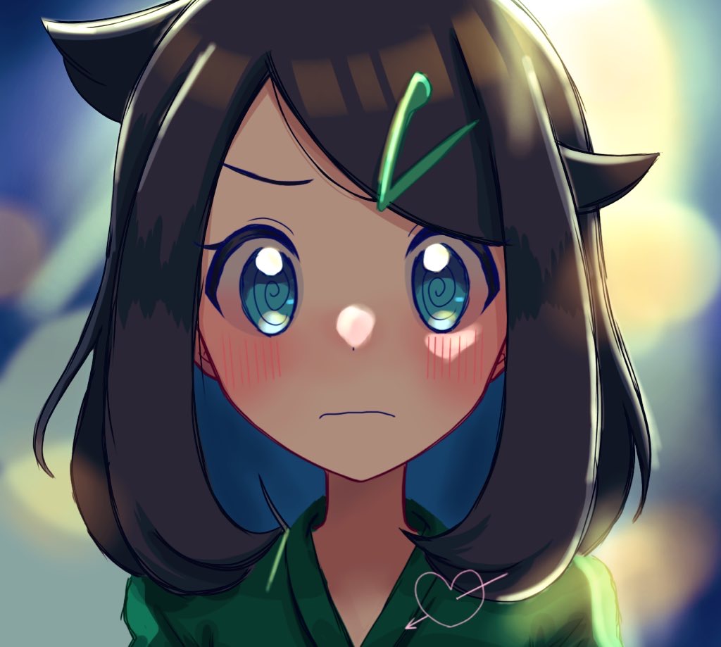 1girl, @_@, aqua_eyes, aqua_hair, arms_at_sides, arrow_through_heart, black_hair, blurry, blurry_background, blush, child, closed_mouth, collarbone, colored_inner_hair, embarrassed, eyelashes, facing_viewer, female_focus, flat_chest, green_yukata, hair_ornament, hairclip, heart, japanese_clothes, kimono, liko_(pokemon), long_hair, looking_at_viewer, multicolored_hair, neck, nervous, nintendo, outdoors, pokemon, pokemon_(anime), pokemon_horizons, portrait, seiun_(hoshigumo_72), sidelocks, standing, summer, swept_bangs, traditional_clothes, two-tone_hair, upper_body, wavy_mouth, yukata