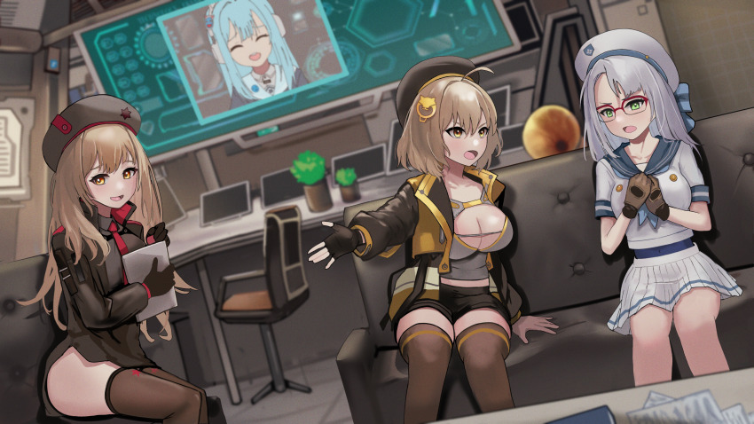 ahoge, anis_(nikke), arm_pouch, beret, black_gloves, black_headwear, black_jacket, black_leotard