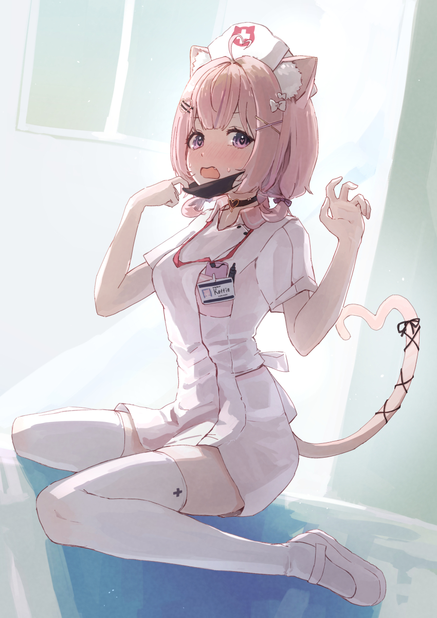 1girl, absurdres, ahoge, aisu_koffie, animal_ear_fluff, animal_ears, black_choker, black_ribbon, blush, bow, breasts, cat_ears, cat_girl, cat_tail, choker, collared_dress, cross, dress, fang, hair_bow, hair_ornament, hat, heart, heart-shaped_pupils, heart_ahoge, heart_hair_ornament, highres, id_card, indie_virtual_youtuber, lanyard, mask_pull, medium_breasts, nurse, nurse_cap, open_mouth, pink_hair, purple_eyes, ribbon, second-party_source, short_hair, solo, sweat, symbol-shaped_pupils, tail, tail_ornament, tail_ribbon, thighhighs, virtual_youtuber, white_bow, white_dress, white_footwear, white_thighhighs, yami_ara