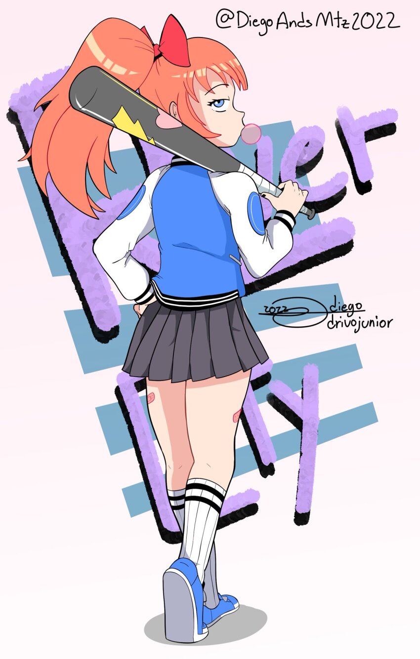 1girl, bandaid, baseball_bat, blue_eyes, bow, chewing_gum, diegoandsmtz, highres