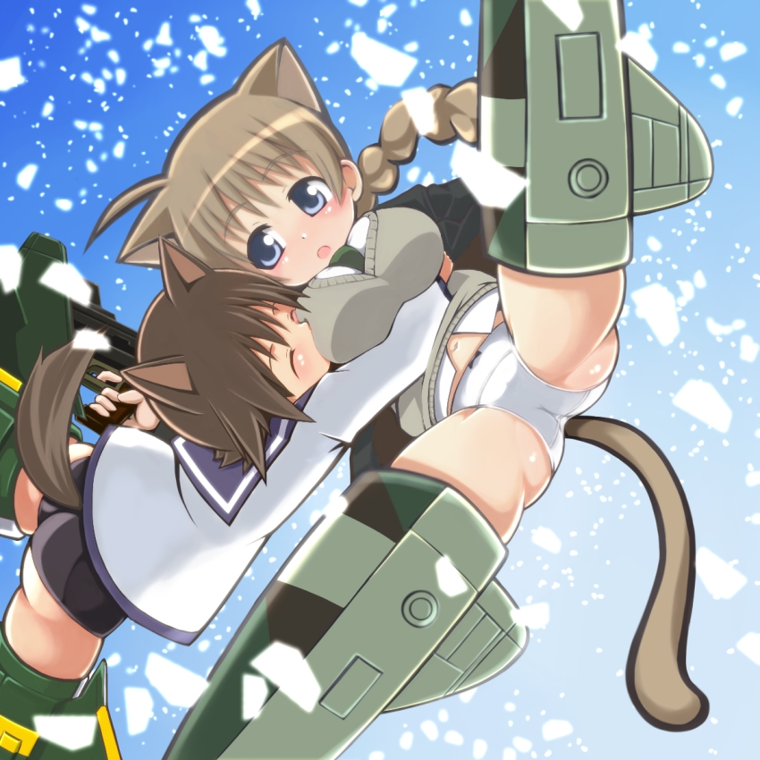 2girls, :o, ahoge, animal_ears, blush, bow, bow_panties, braid