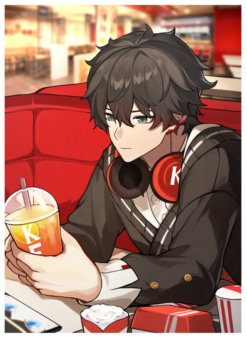 1boy, black_hair, black_jacket, chinese_commentary, closed_mouth, commentary, commentary_request, cup