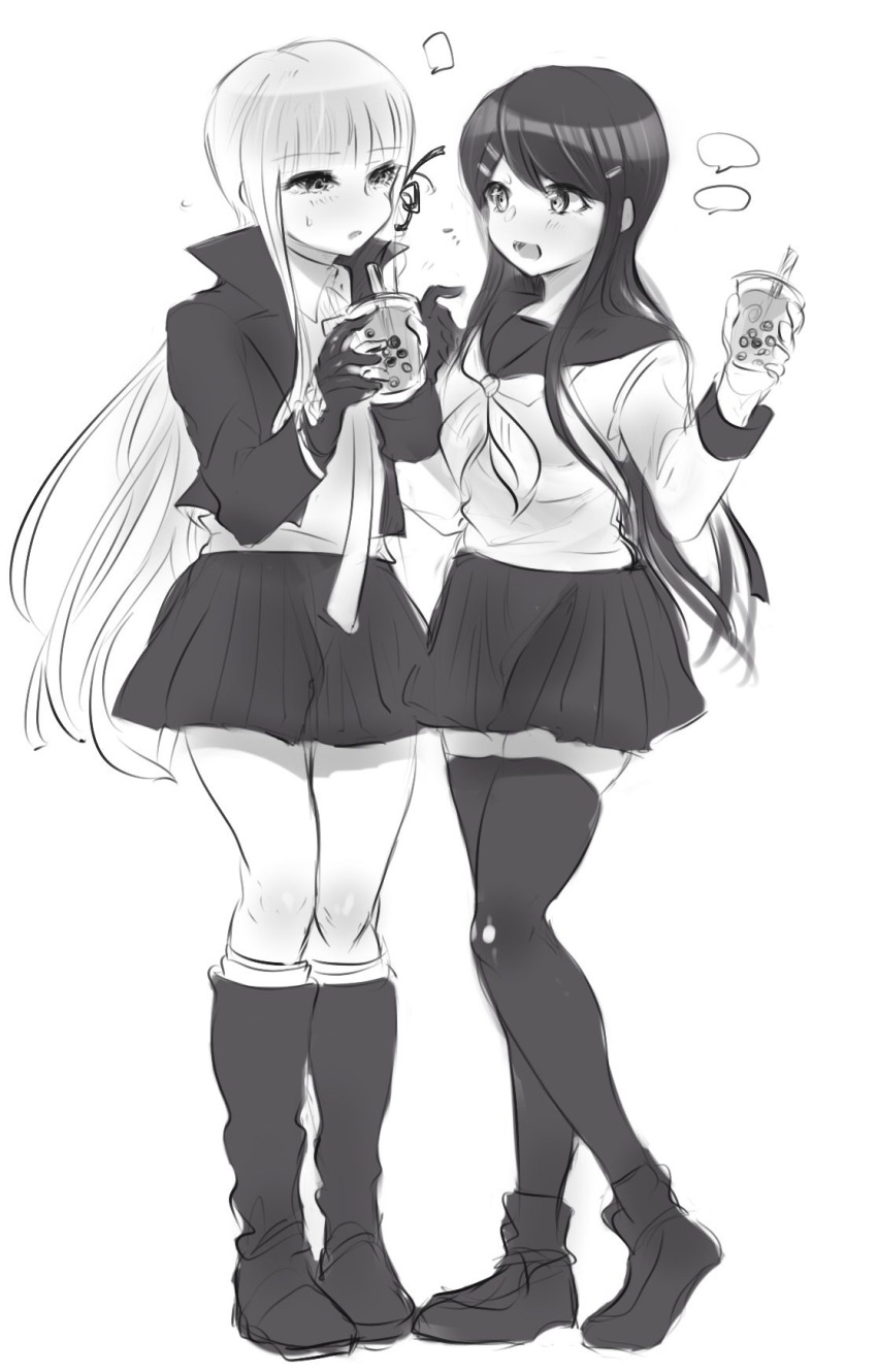 2girls, blue-bell, blush, boots, breasts, bubble_tea, cup, d: