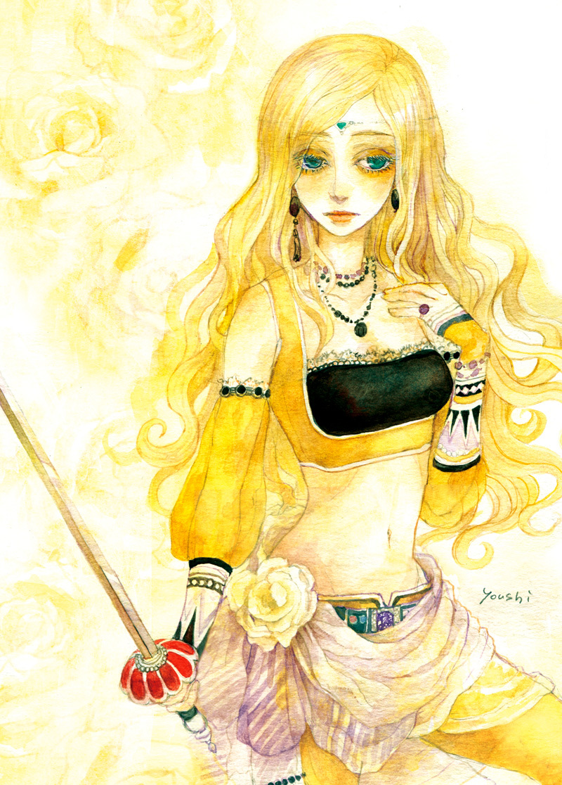 1990s_(style), 1girl, blonde_hair, breasts, celes_chere, earrings, female_focus, final_fantasy