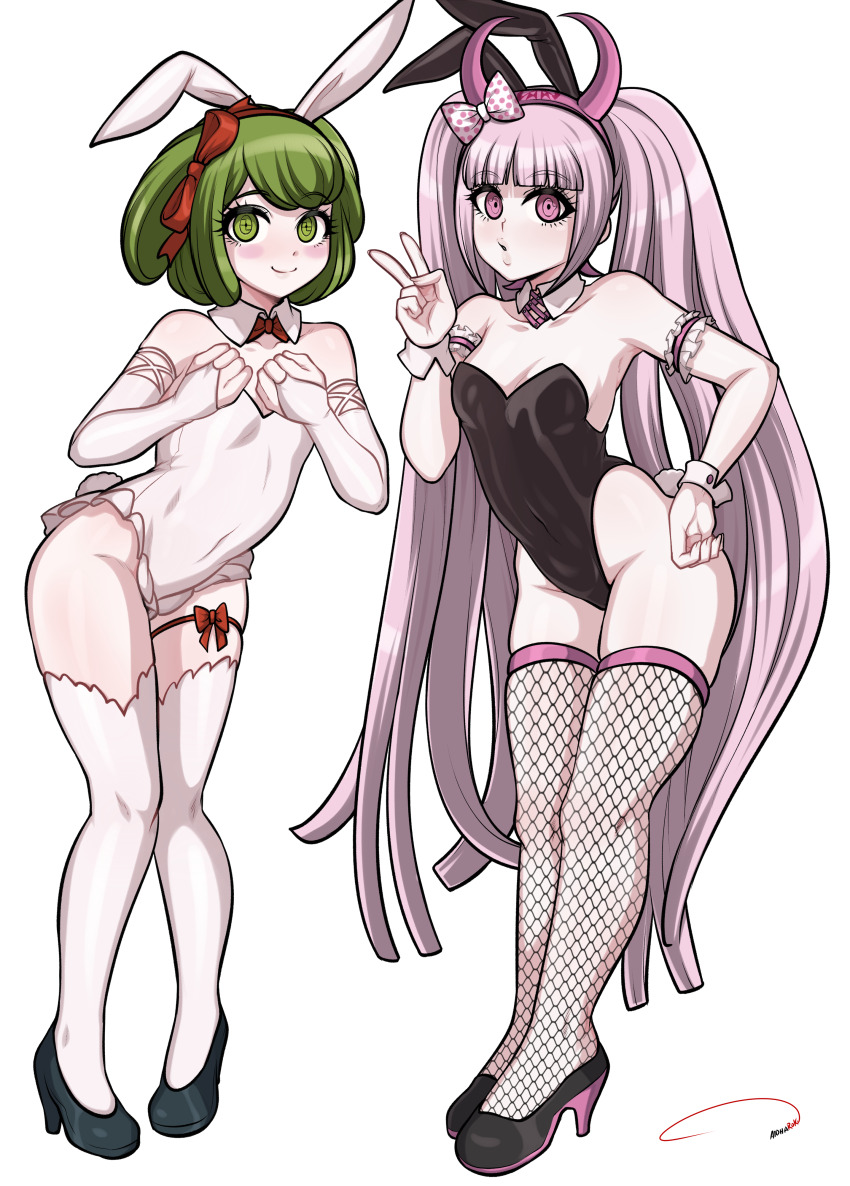2girls, absurdres, aldharoku, alternate_costume, animal_ears, bare_shoulders, black_footwear, black_leotard, blunt_bangs, blush, bow, bowtie, breasts, collarbone, covered_navel, danganronpa_(series), danganronpa_another_episode:_ultra_despair_girls, detached_collar, fake_animal_ears, female_focus, fishnet_thighhighs, fishnets, full_body, green_eyes, green_hair, groin, hairband, high_heels, highres, leaning_forward, leotard, long_hair, multiple_girls, pink_eyes, pink_hair, playboy_bunny, rabbit_ears, rabbit_tail, red_bow, red_bowtie, red_hairband, shoes, short_hair, simple_background, small_breasts, smile, standing, tail, thigh_strap, thighhighs, towa_monaca, utsugi_kotoko, v, white_background, white_leotard, wrist_cuffs