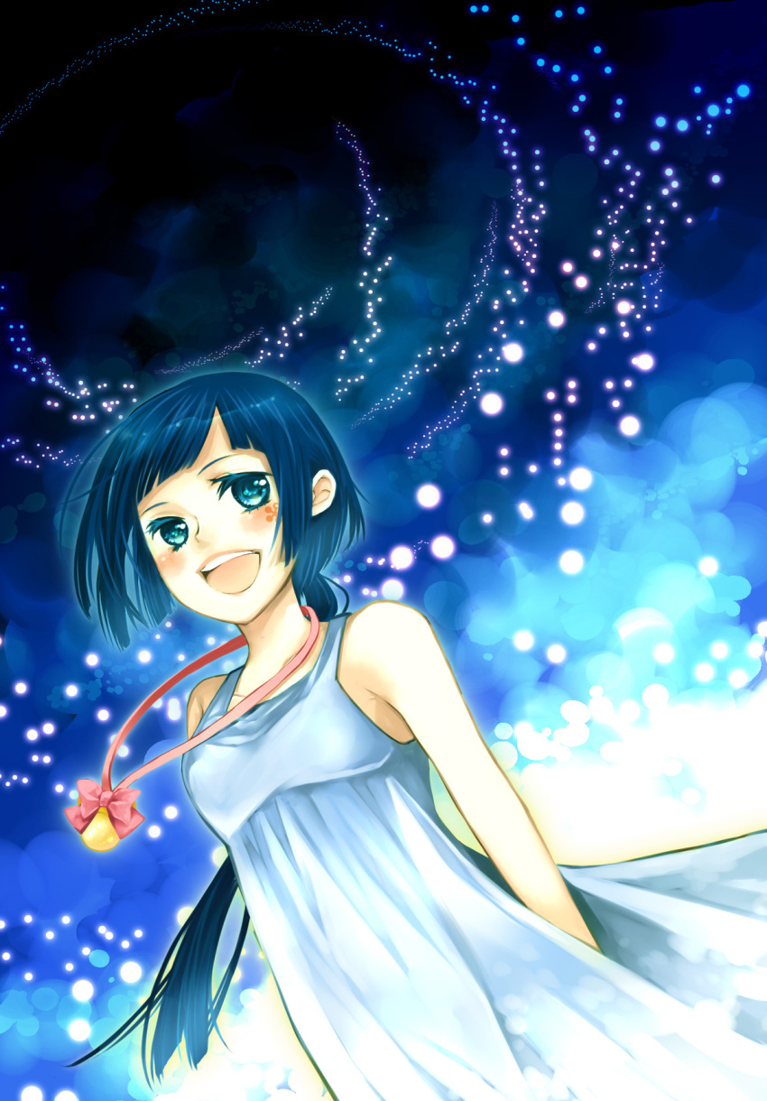 1girl, bad_id, bad_pixiv_id, blue_hair, blue_theme, dress, female_focus, from_below
