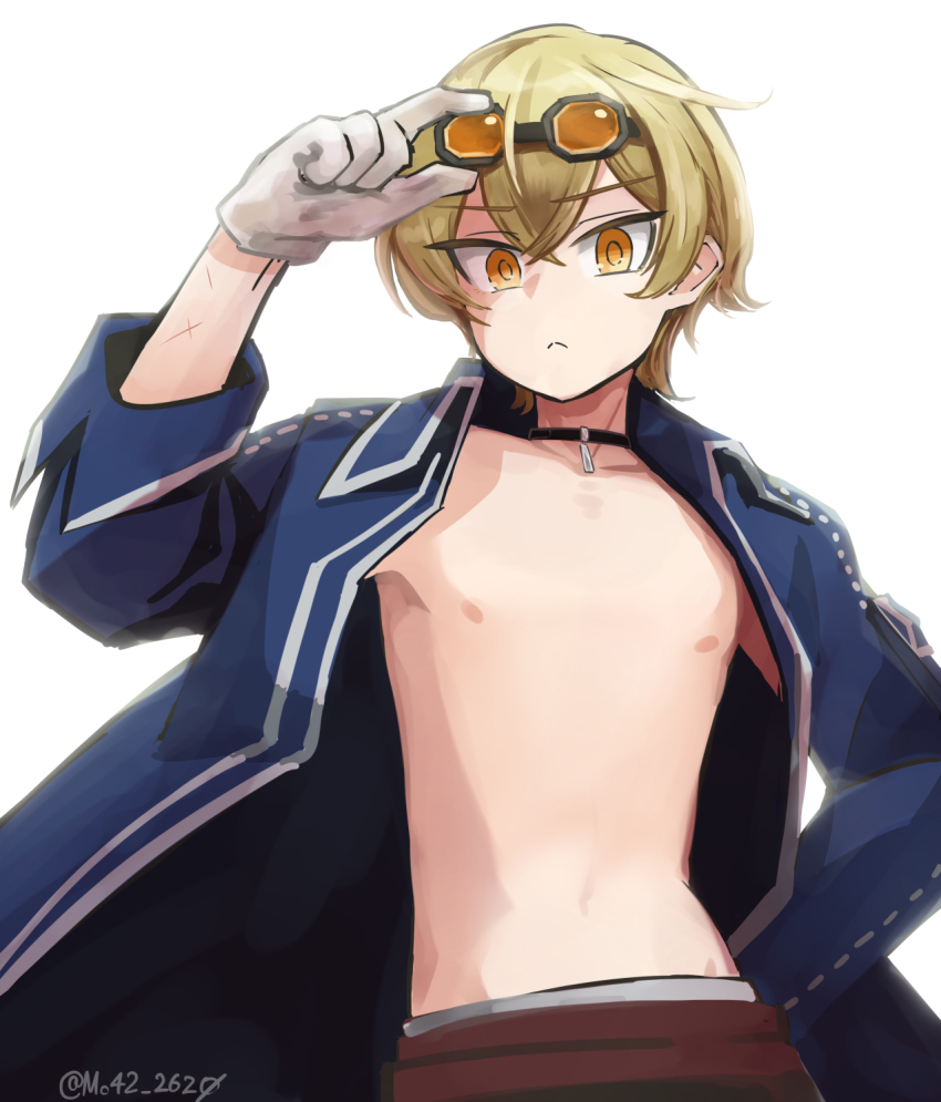 1boy, adjusting_eyewear, black_hair, blonde_hair, blue_jacket, cowboy_shot, eyewear_on_head, gloves