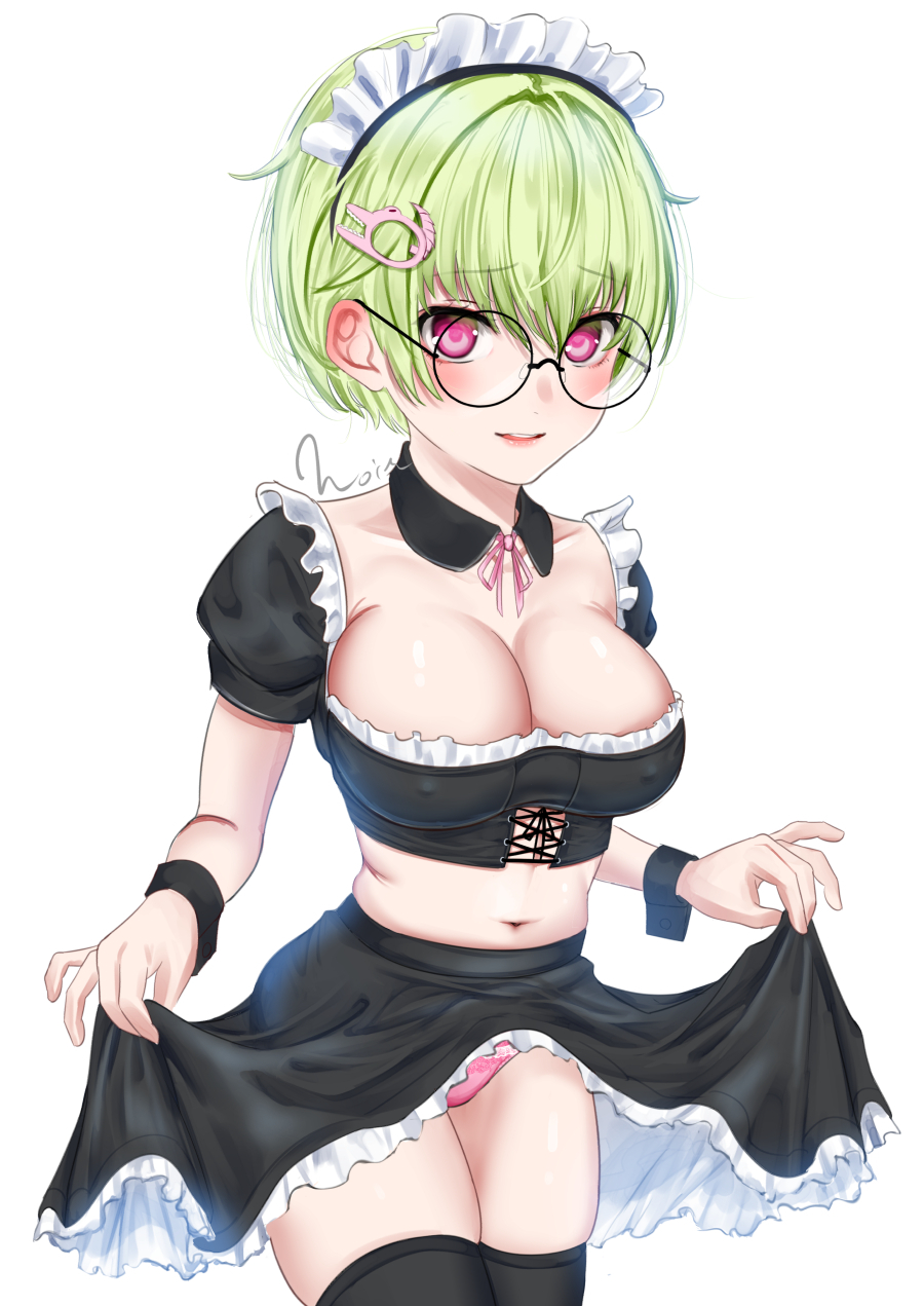 1girl, alternate_costume, black-framed_eyewear, black_collar, black_shirt, black_skirt, black_thighhighs, black_wrist_cuffs