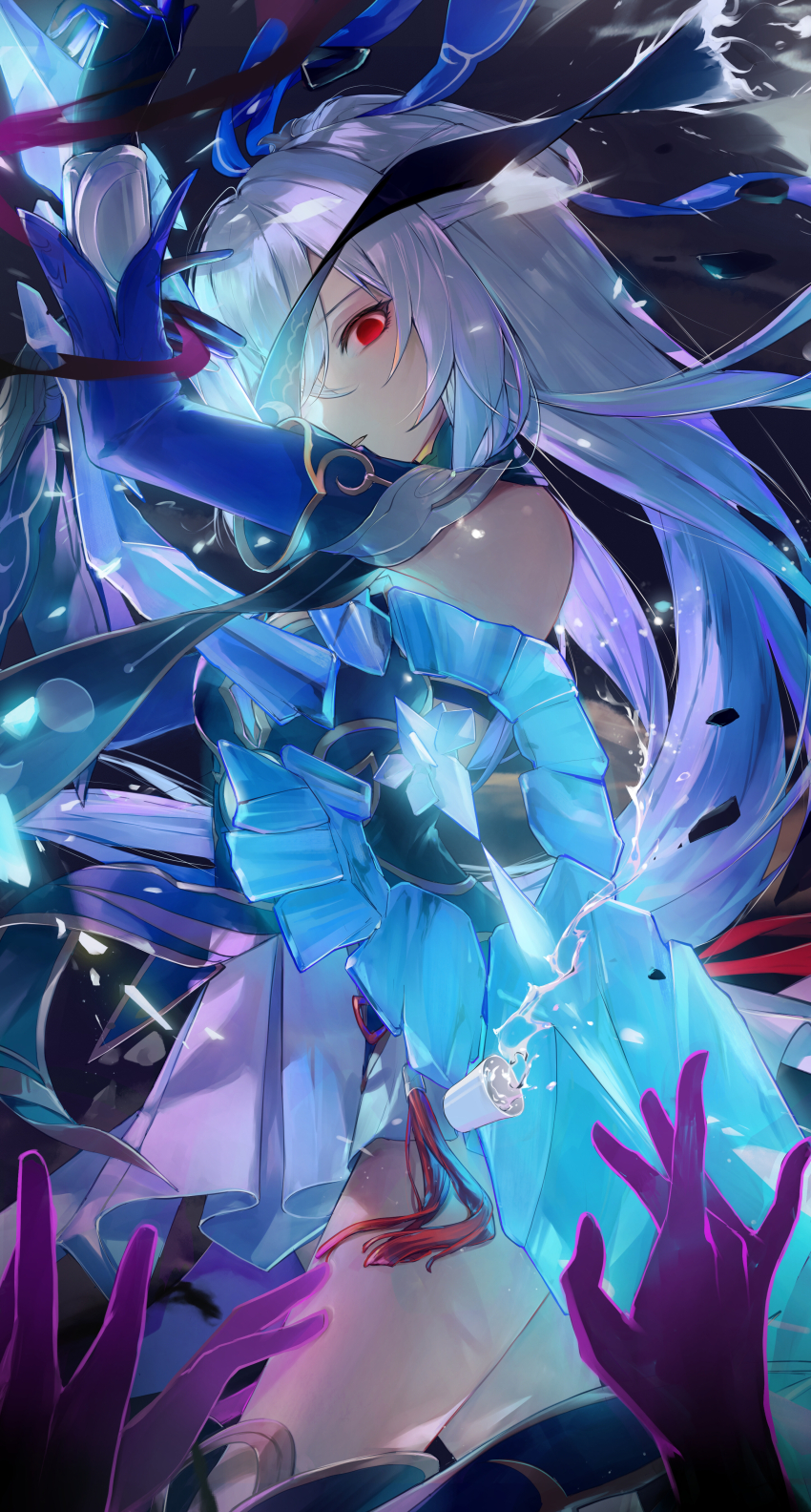 1girl, absurdres, bare_shoulders, black_gloves, blindfold, blue_dress, blue_sleeves, breasts