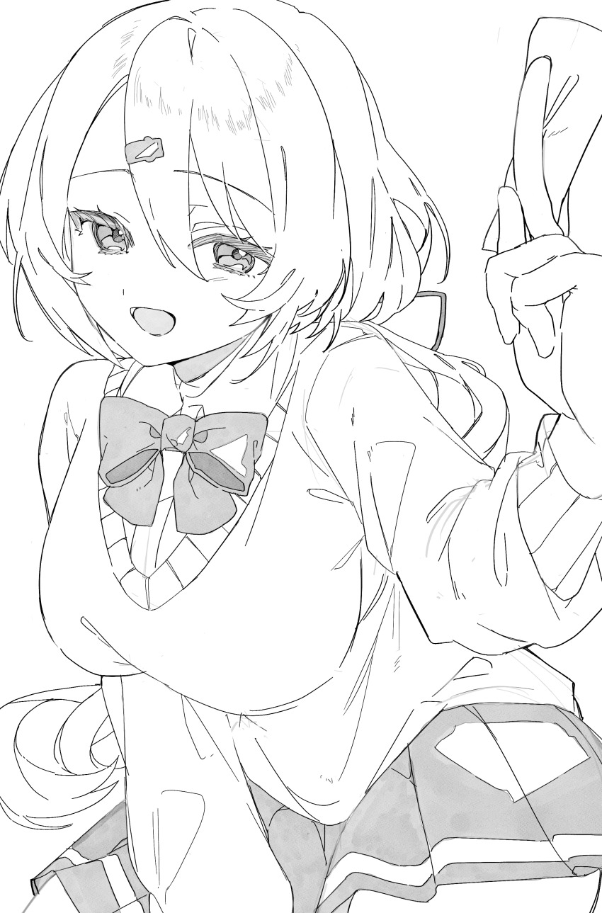 1girl, absurdres, highres, long_hair, monochrome, nijisanji, p_kotai, school_uniform