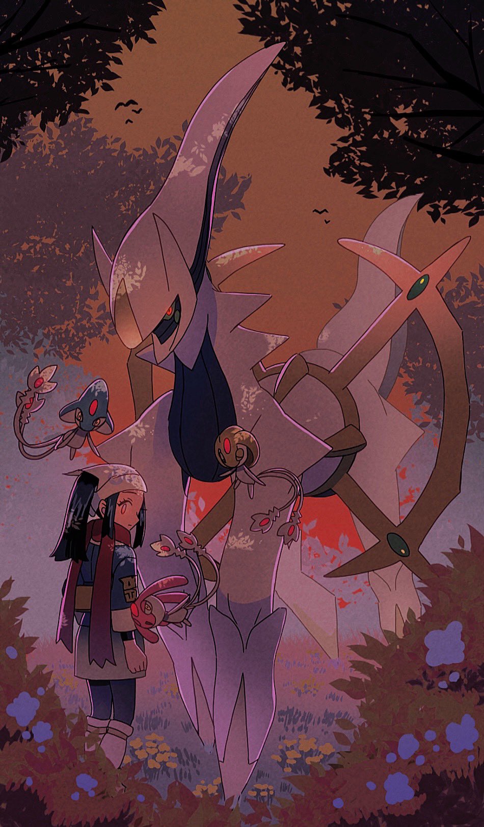 1girl, akari_(pokemon), arceus, azelf, black_hair, bush, forest, galaxy_expedition_team_survey_corps_uniform