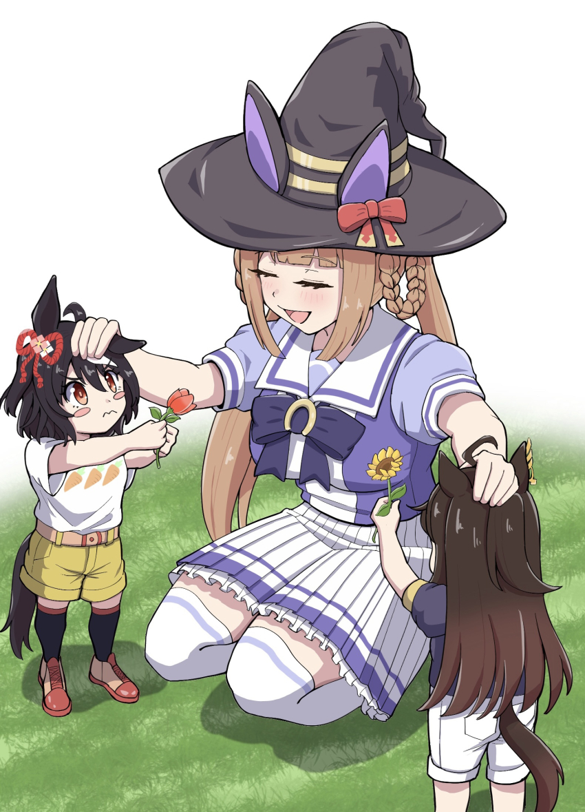 3girls, age_switch, aged_down, aged_up, black_hair, blush_stickers, breasts, casual