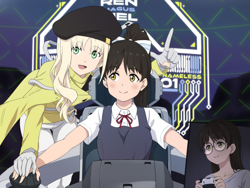 2girls, aoyama_nagisa, black_hair, blonde_hair, blush, ciel_(synduality), cockpit, collarbone