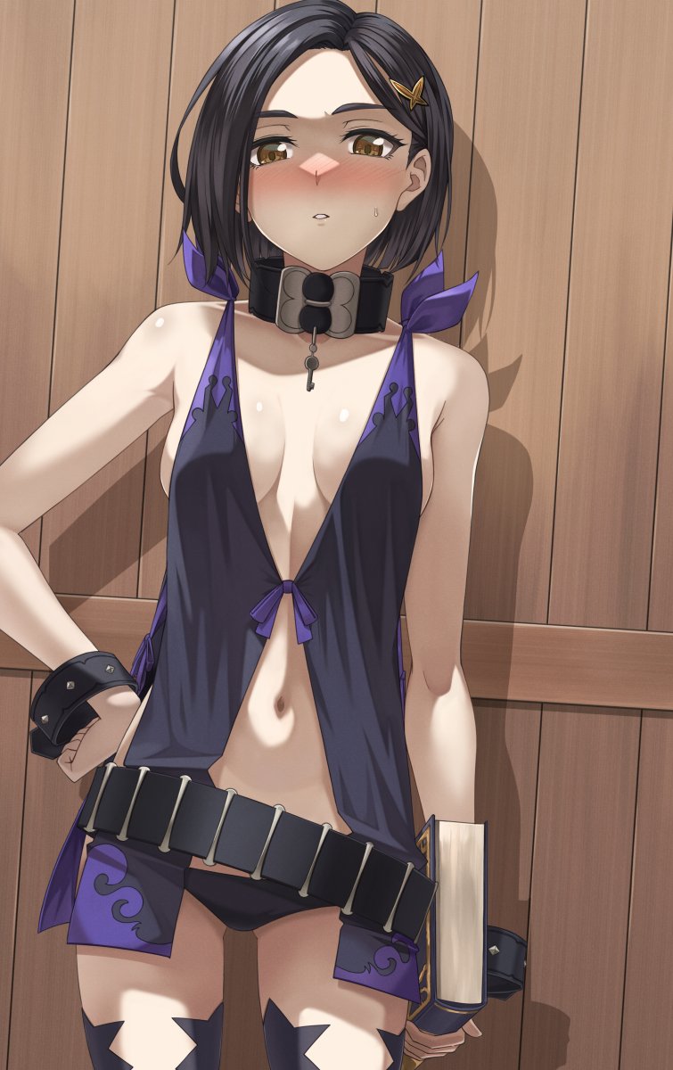 1girl, armpit_crease, belt, black_choker, black_hair, black_panties, blush, book, bracelet, breasts, brown_eyes, choker, cleavage, commentary_request, commission, cosplay, hair_ornament, hairpin, highres, holding, holding_book, in-franchise_crossover, jewelry, medium_breasts, navel, panties, rinwell_(tales), rourou_ill, short_hair, skeb_commission, solo, sweat, swept_bangs, symonne_(tales), symonne_(tales)_(cosplay), tales_of_(series), tales_of_arise, tales_of_zestiria, underwear