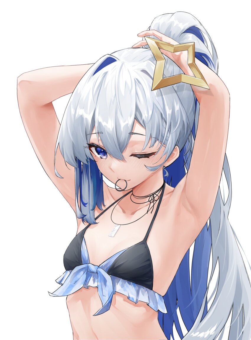 1girl, absurdres, amane_kanata, armpits, bikini, blue_hair, breasts, collarbone, colored_inner_hair, grey_hair, hair_between_eyes, hair_tie, hair_tie_in_mouth, halo, highres, hololive, jewelry, long_hair, mouth_hold, multicolored_hair, necklace, one_eye_closed, ponytail, purple_eyes, shhhh7, simple_background, small_breasts, solo, star_halo, swimsuit, tying_hair, upper_body, very_long_hair, virtual_youtuber, white_background