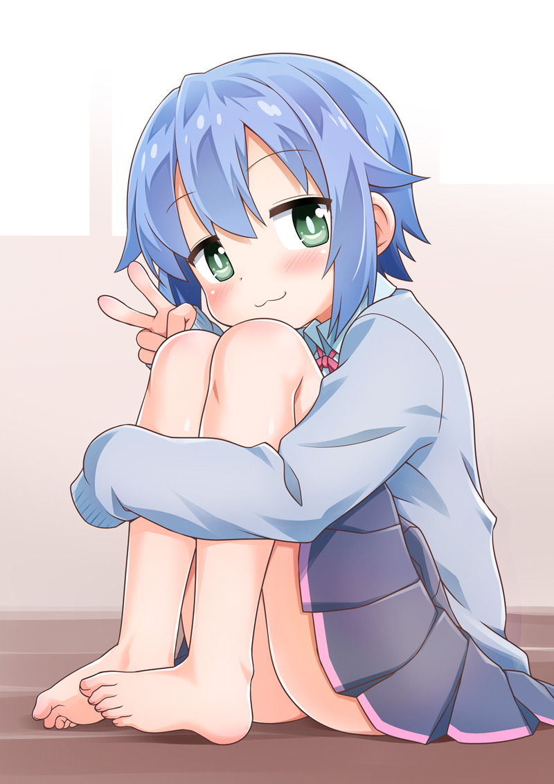1girl, :3, akou_roushi, barefoot, blue_cardigan, blue_skirt, blush, bright_pupils