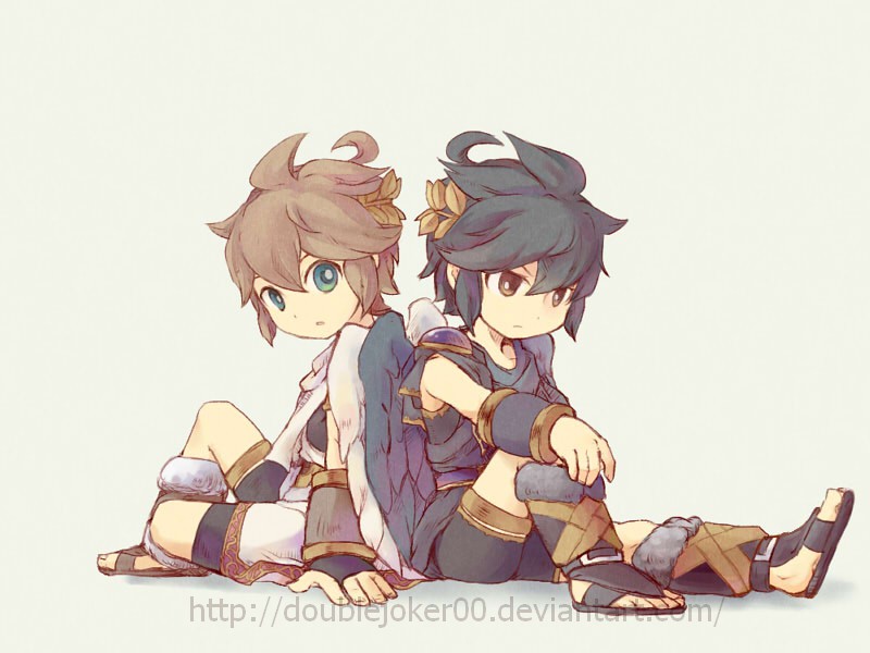 2boys, ahoge, angel, angel_wings, bike_shorts, black_hair, blue_eyes, brown_hair