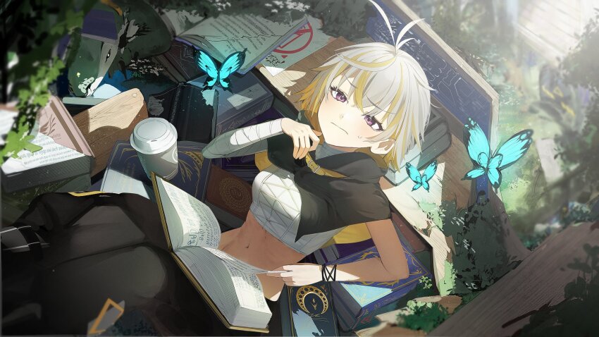 1girl, animal, antenna_hair, bandaged_arm, bandaged_neck, bandages, belt, belt_buckle, between_fingers, black_capelet, black_pants, blonde_hair, blue_butterfly, blurry, book, book_on_lap, book_stack, buckle, bug, butterfly, capelet, closed_mouth, commission, confused, crescent, crop_top, cross-laced_clothes, cross-laced_top, crossed_bangs, cup, day, depth_of_field, disposable_coffee_cup, disposable_cup, feet_out_of_frame, flower, grass, grey_hair, grey_shirt, hair_between_eyes, highres, hiiragi_mikoto, holding, indie_virtual_youtuber, insect, komodo_dragon, leaf, leaning_back, light_blush, midriff, multicolored_hair, navel, open_book, overgrown, pants, pile_of_books, plant, purple_eyes, reclining, ribs, shirt, short_hair, skeb_commission, sleeveless, sleeveless_shirt, solo, sparkling_eyes, streaked_hair, sunlight, sunny_splosion, sunny_splosion_(1st_costume), sweatdrop, torn, torn_book, two-sided_capelet, two-sided_fabric, two-tone_hair, virtual_youtuber, white_flower, yellow_belt, yellow_capelet