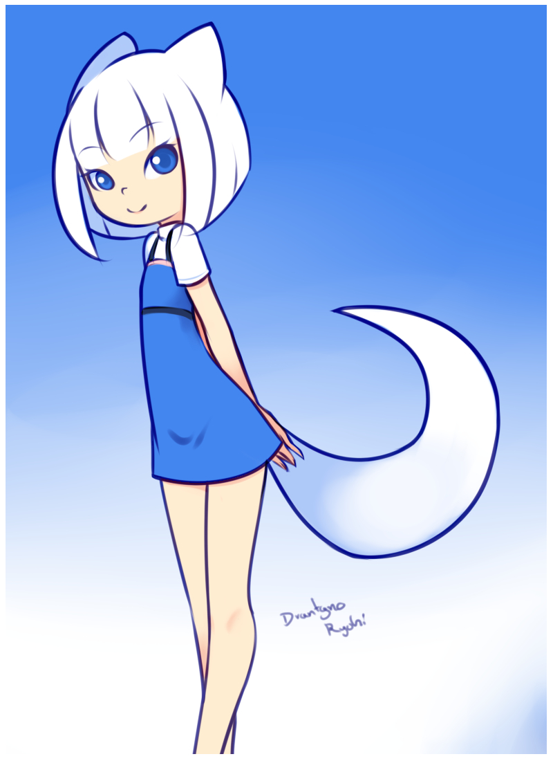 1girl, animal_ears, arms_behind_back, blue_background, blue_dress, blue_eyes, child, drantyno