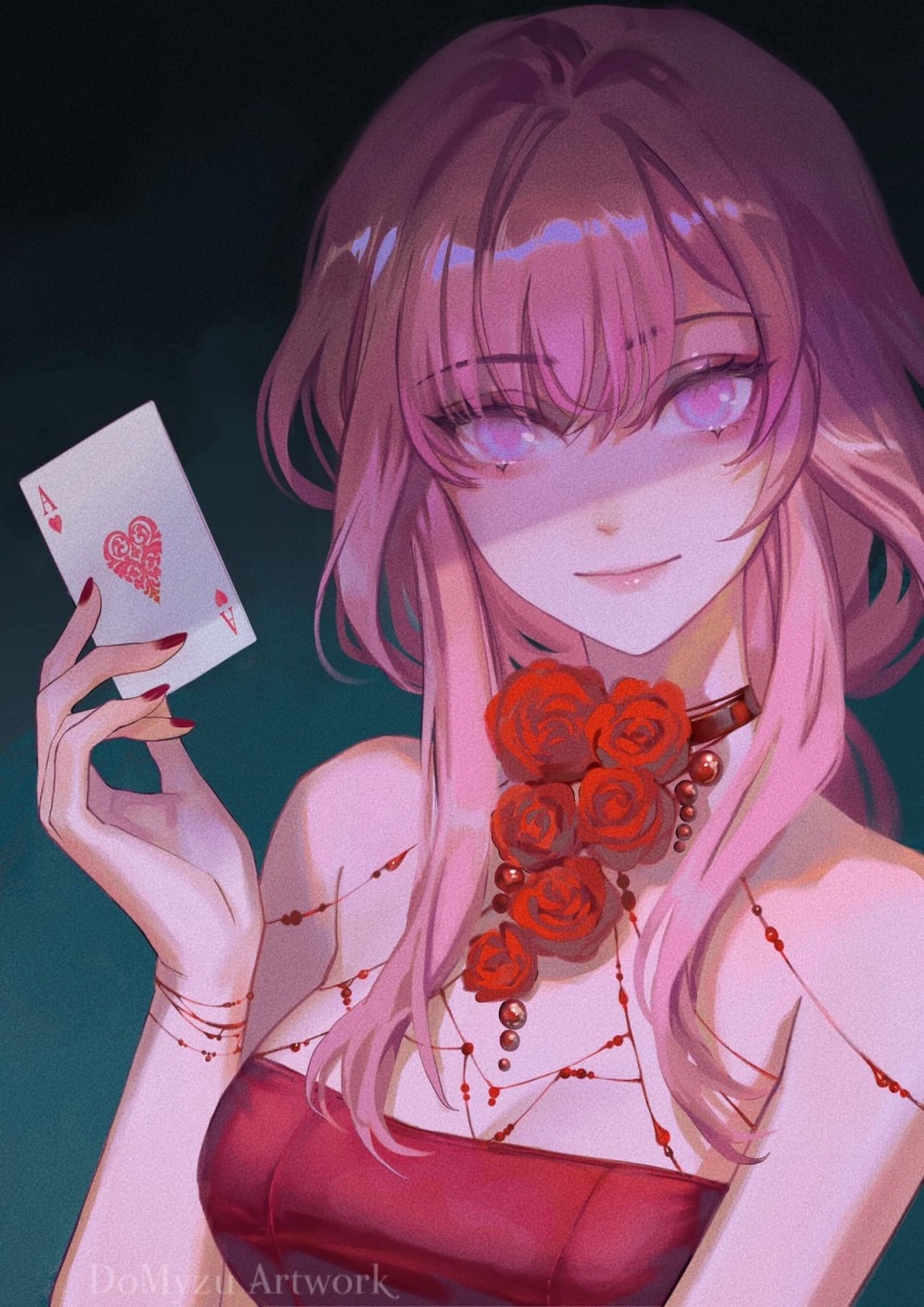 1girl, ace_(playing_card), ace_of_hearts, alternate_costume, bare_shoulders, black_background, blue_background, breasts