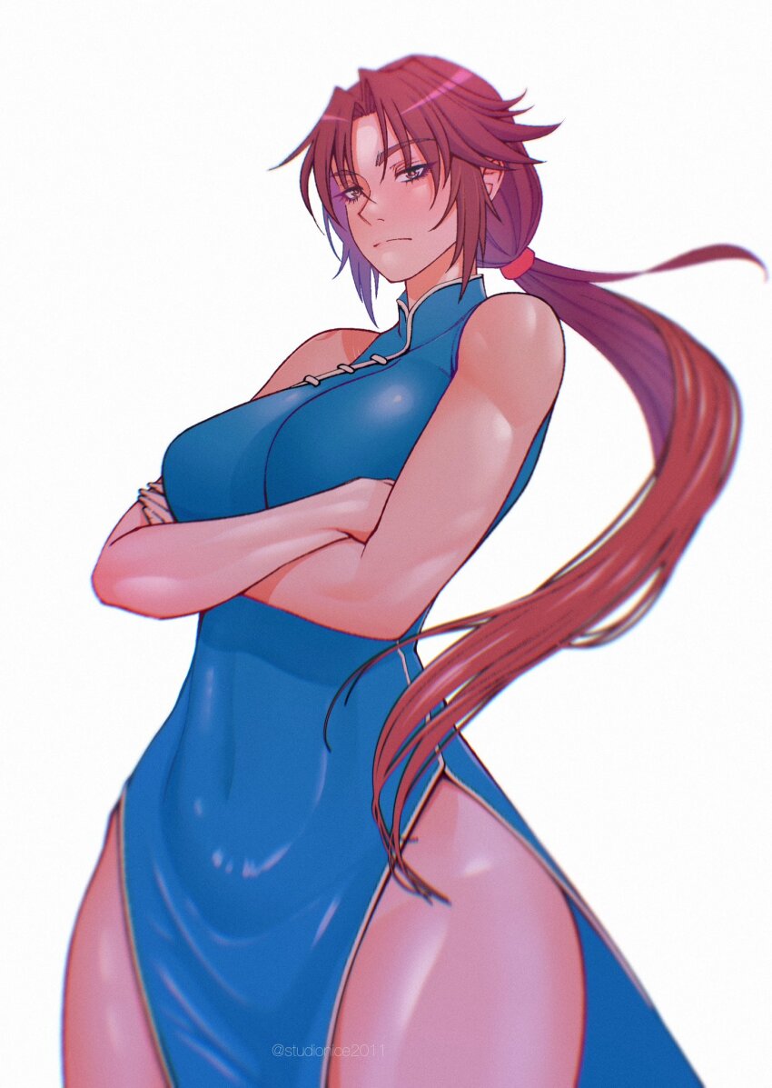 1girl, arms_under_breasts, bare_shoulders, blue_dress, blurry, breasts, brown_eyes, brown_hair, china_dress, chinese_clothes, collared_dress, commission, covered_navel, crossed_arms, depth_of_field, dress, hair_between_eyes, hairband, highres, hong_xiu_ying, large_breasts, long_hair, looking_at_viewer, low_ponytail, parted_bangs, ponytail, red_hairband, sega, serious, shenmue, shenmue_ii, side_slit, sidelocks, skin_tight, solo, studionice2011, thighs, toned, twitter_username, very_long_hair, white_background, white_trim