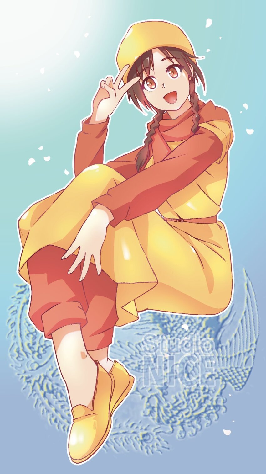 1girl, artist_logo, blue_background, braid, brown_eyes, brown_hair, chinese_clothes, dress