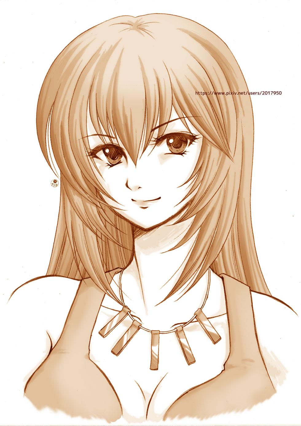 1girl, artist_logo, bare_shoulders, breasts, cleavage, crop_top, eyelashes, hair_between_eyes